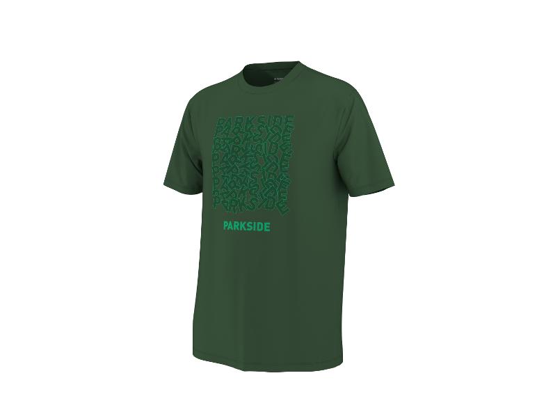 Donkergroen T-shirt met korte mouwen en een herhalend 'PARKSIDE'-patroon in lichtgroen.
