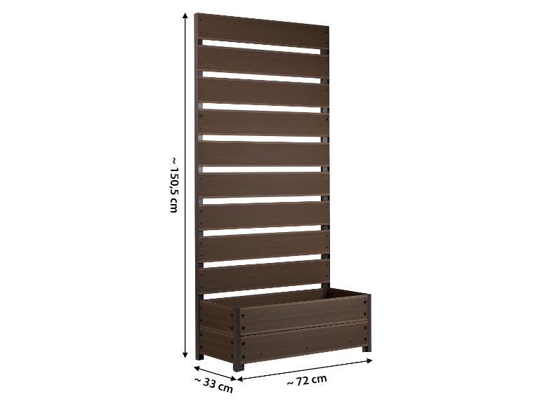 Bruine houten plantenbak met hoog lattenrooster, afmetingen 150,5 x 72 x 33 cm