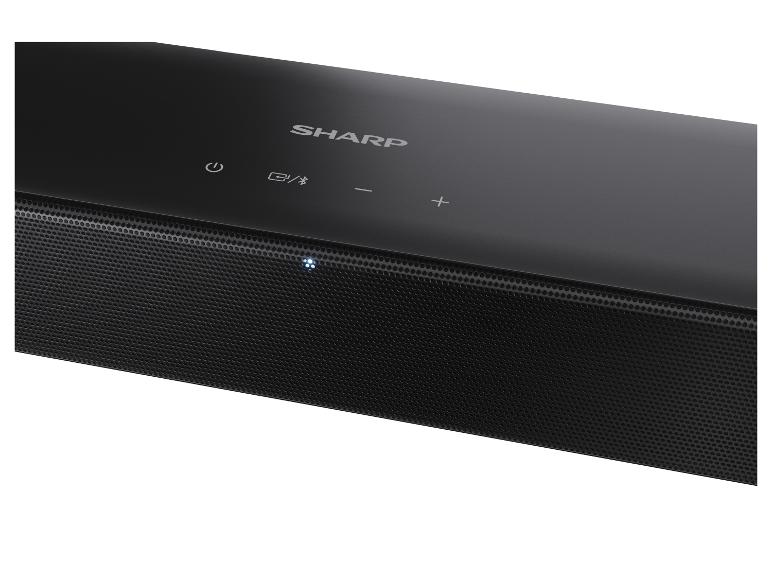 Zwarte soundbar met aanraakbediening en LED-indicator.