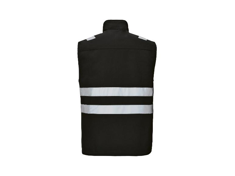 Zwart werkvest met reflecterende strepen, achteraanzicht.