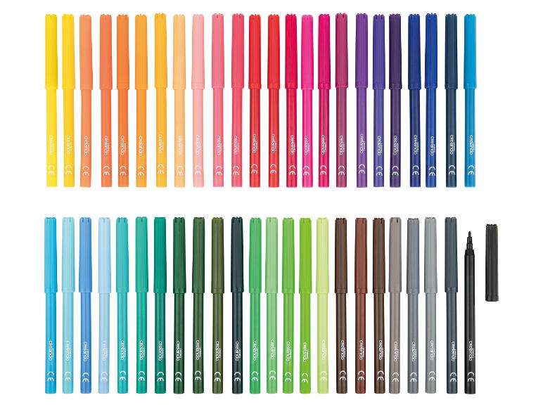 Een set van 48 Crelando viltstiften in diverse kleuren, gerangschikt in twee rijen.
