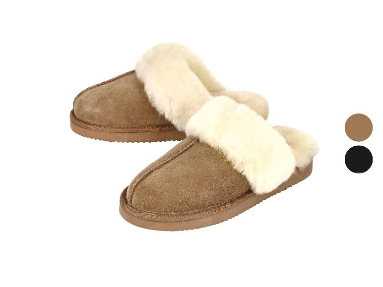 Bruine pantoffels met wit imitatiebont en kleurstalen in bruin en zwart.