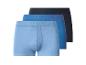 Verpakking van drie geribbelde katoenen boxershorts in blauwtinten, met logoband.