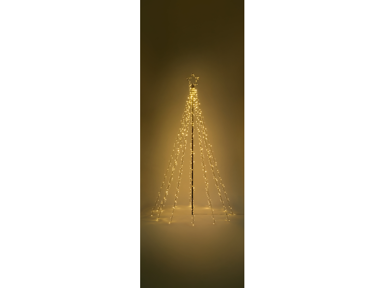 Lichtgevende LED-kerstboom met ster als piek, op een neutrale achtergrond.