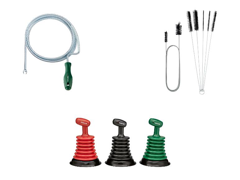 Afvoerreinigingsgereedschap, waaronder een ontstoppingsveer, diverse borstels en drie ontstoppers.