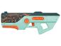 Cyberpunk-stijl speelgoedblaster met oranje en blauwgroene details.