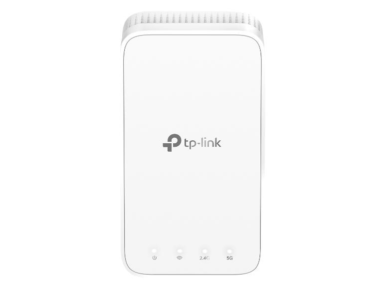 Witte rechthoekige Wi-Fi-bereikverlenger met indicatielampjes voor stroom, 2.4G en 5G.