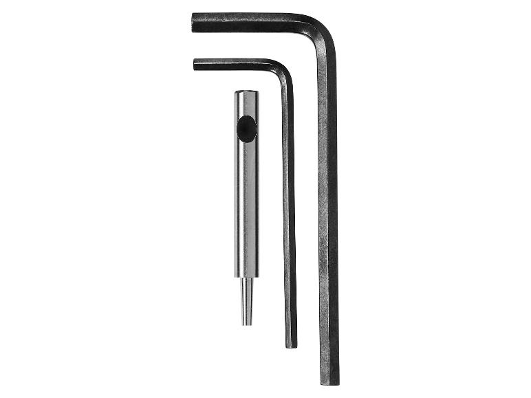 Twee inbussleutels en een centerpons op een witte achtergrond.