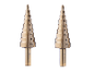 Twee gouden PARKSIDE PERFORMANCE® stappenboren met schaalverdeling van 4 tot 20 mm.
