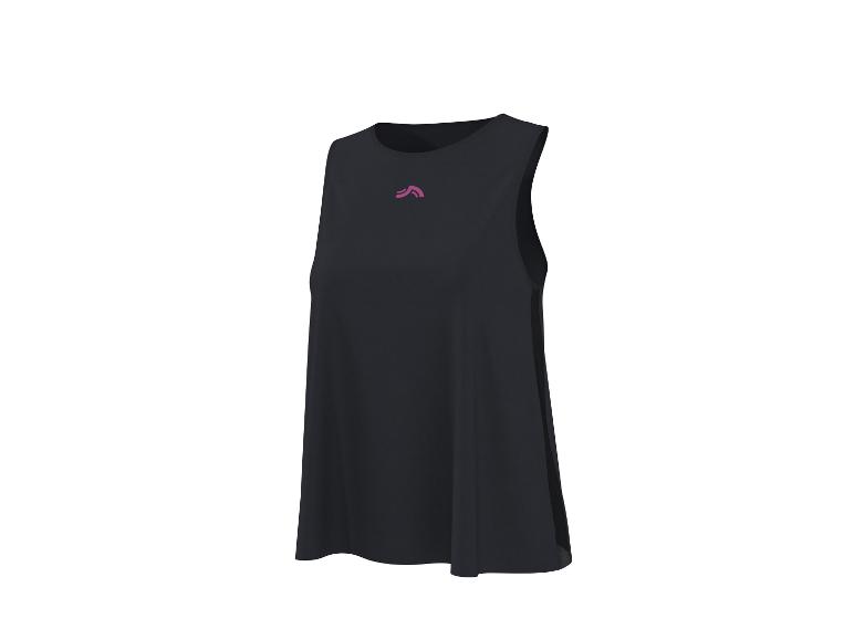 Zwarte mouwloze top met een klein roze logo op de borst.