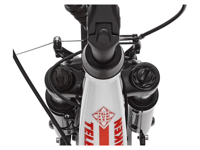 Close-up van een witte Telefunken fiets met voorvorkvering.