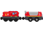 Rode speelgoed brandweertrein met twee wagons, met 'FIRE DEPT' tekst en een vlamembleem.
