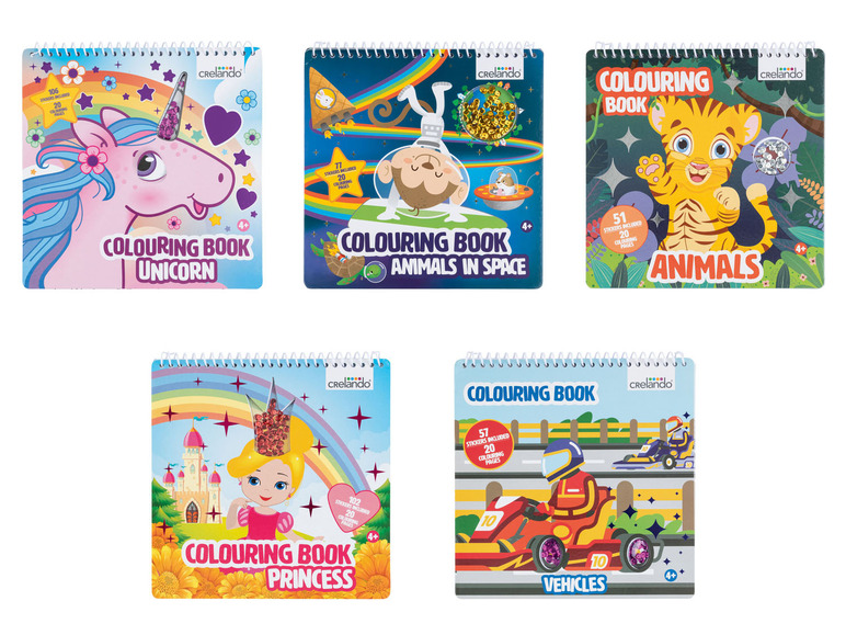 Vier kleurboeken met stickers: Unicorn, Dieren in de Ruimte, Dieren en Voertuigen.