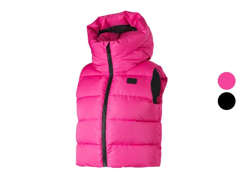 Roze gewatteerde bodywarmer met capuchon en zwarte rits, met roze en zwarte kleuropties.