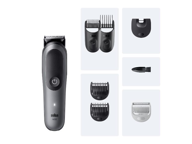 Haar- en baardtrimmer met diverse opzetstukken en kammen voor lichaam en details.