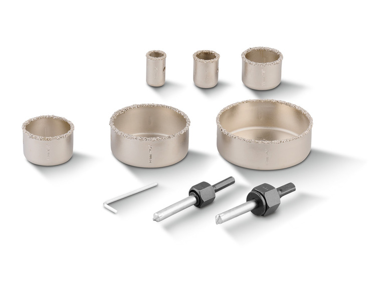 Een set diamant boorkoppen, met twee bevestigingssteunen.