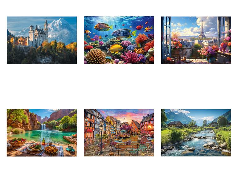 Zes afbeeldingen van diverse landschappen: een kasteel, een koraalrif, Parijs, een waterval, een Europese stad en een bergrivier.