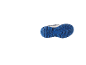 Blauwe en witte kinderschoen met een getextureerde zool, onderaanzicht.
