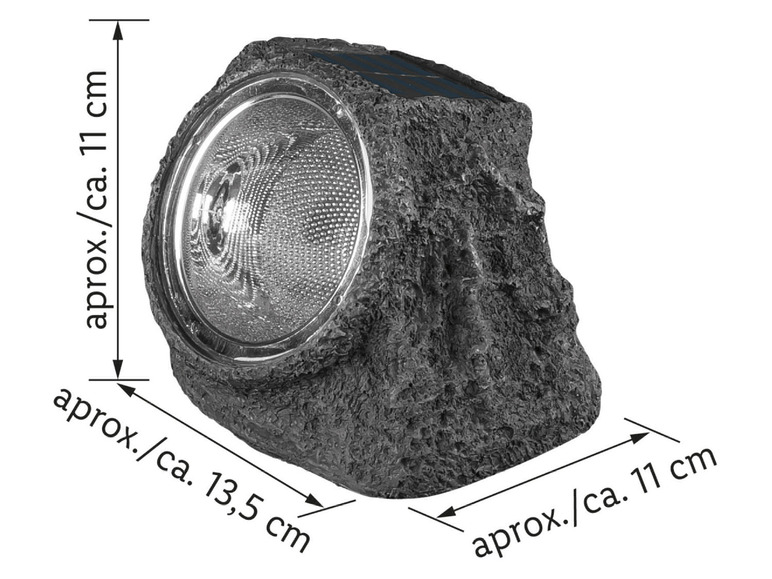 Een zonne-aangedreven steenlamp met een diameter van ongeveer 13,5 cm.