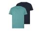 Twee V-hals t-shirts: turquoise en donkerblauw.