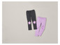 Twee paar kinderleggings, een grijs paar met roze sterren en een paars paar.