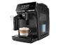Een zwarte Philips koffiemachine met een kopje cappuccino.