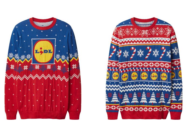 Twee kersttruien met het Lidl-logo en feestelijke patronen.