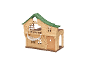Houten speelhuisje met groen dak, balkons en hangmat.
