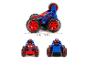 Rode en blauwe Spider-Man speelgoedauto met grote wielen, met afmetingen.