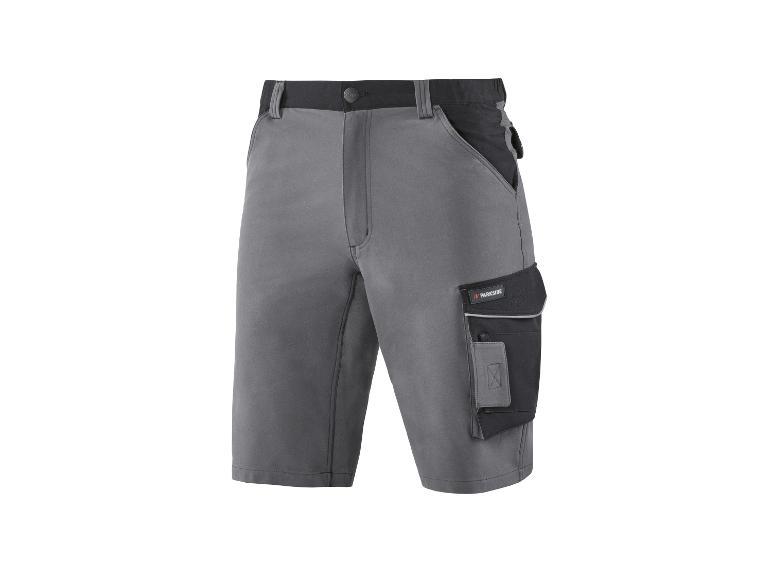 Grijze werkshorts met zijzakken en zwarte details.