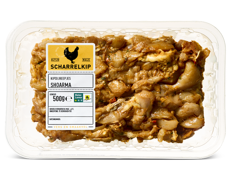 Verpakking met gemarineerde kipdijreepjes (shoarma), 500g.