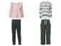 Kinderkleding sets: roze ruches top met grijze legging, gestreepte top met groene broek.