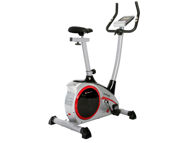 Een zilveren hometrainer met een zwart zadel en stuur.