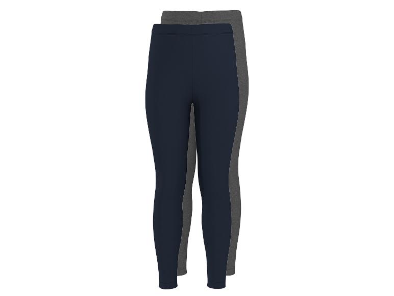 Twee damesleggings, één marineblauw en één grijs, met een elastische tailleband.