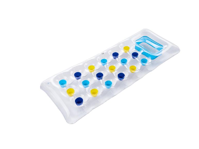 Transparante opblaasbare ligbed met blauwe en gele details.