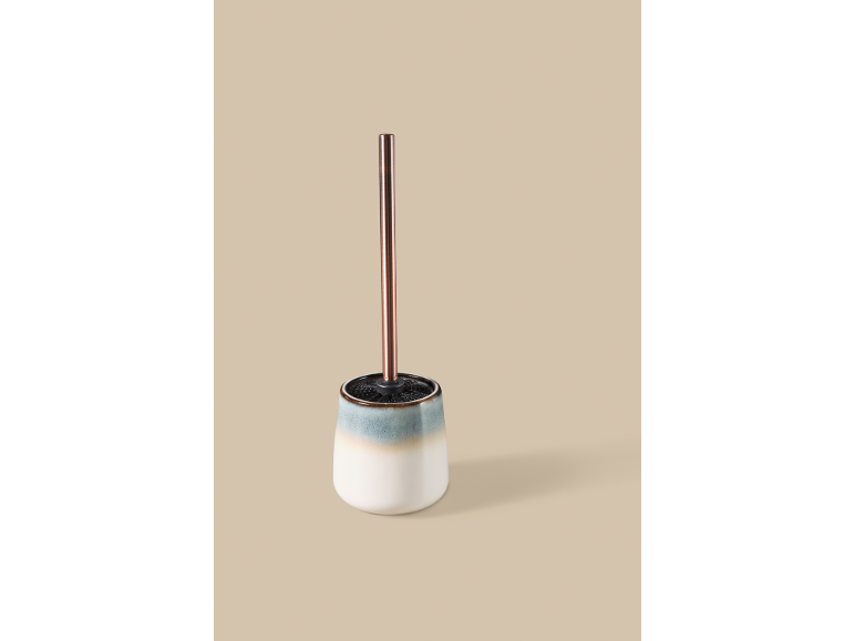 Toiletborstel met keramische houder in kleurverloop en koperkleurige steel.