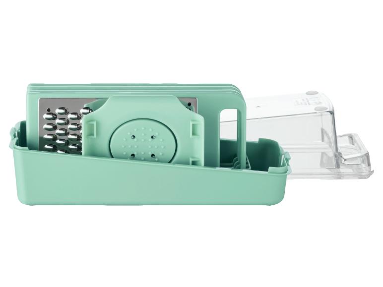 Een groene rasp met meerdere functies in een opbergdoos