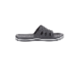 Zwarte slippers met witte strepen op de zool en gaten op de band.