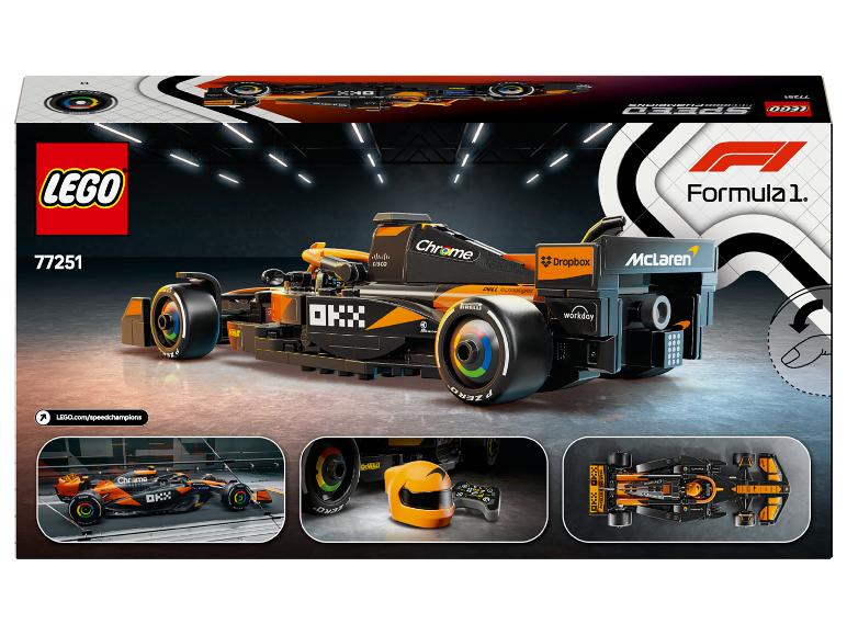 LEGO Speed Champions Formule 1 doos met een oranje en zwarte McLaren raceauto.
