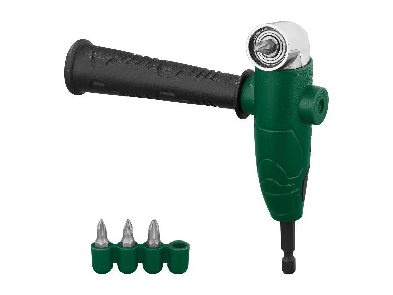 Groene recht-hoek booropzetstuk met drie bits.