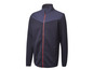 Een donkerblauwe fleece trui met rode rits.