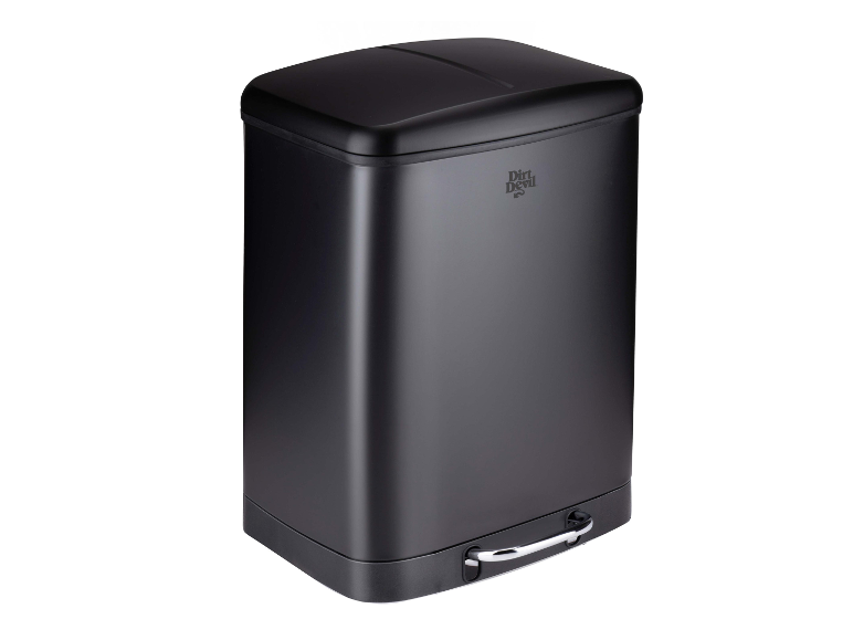 Een zwarte metalen prullenbak van Dirt Devil.