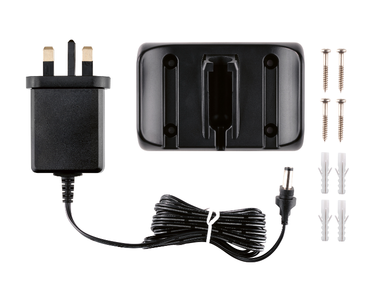Een oplader met voeding, stekker en montage-accessoires.