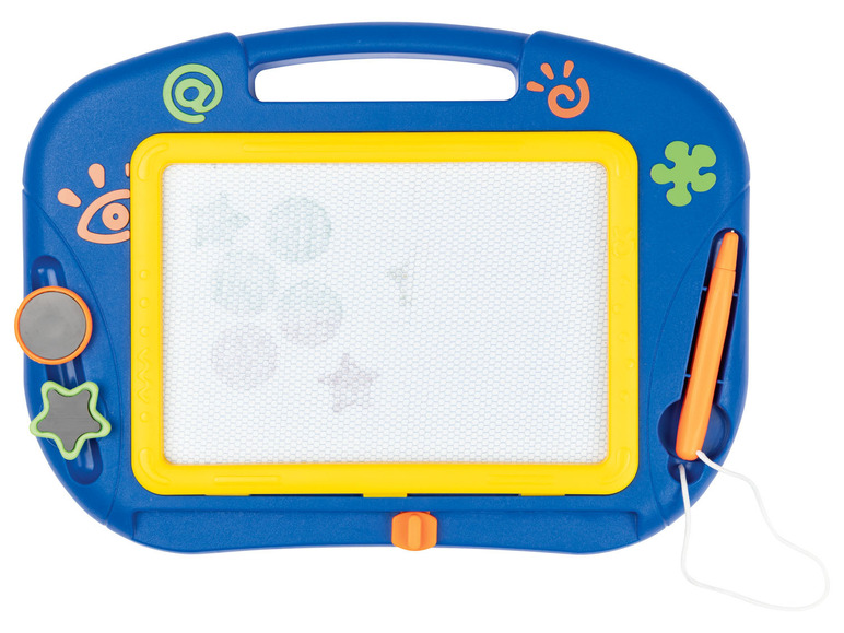 Een blauw magnetisch tekenbord met een pen.