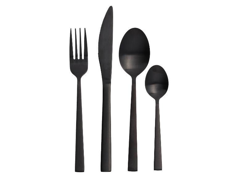 Zwart bestekset met een vork, mes, eetlepel en theelepel.