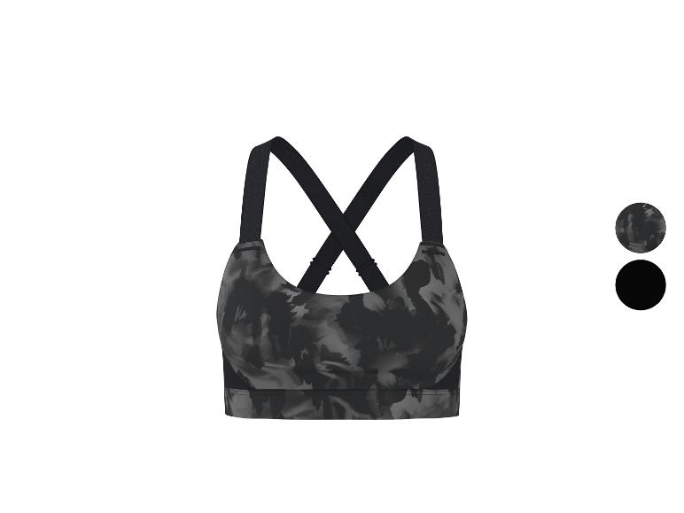 Grijs en zwart camouflagepatroon sportbeha met gekruiste bandjes.