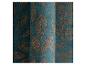 Petrolkleurige stof met een metallic bronzen bladpatroon, gevouwen om textuur en design te tonen.