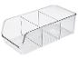 Transparante plastic organizer met drie vakken voor koelkast of voorraadkast.