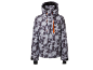 Grijze en zwarte ski-jas met patroon en oranje accenten.