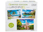 Drie Trefl puzzels met landschappen: een strand, een bergmeer en een kasteel.